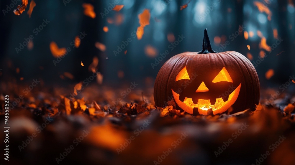 A glowing jack-o'-lantern sits among autumn leaves in a misty forest, embodying the festive spirit of Halloween. A glowing jack-o'-lantern sits among autumn leaves in a misty forest, embodying the festive spirit of Halloween.