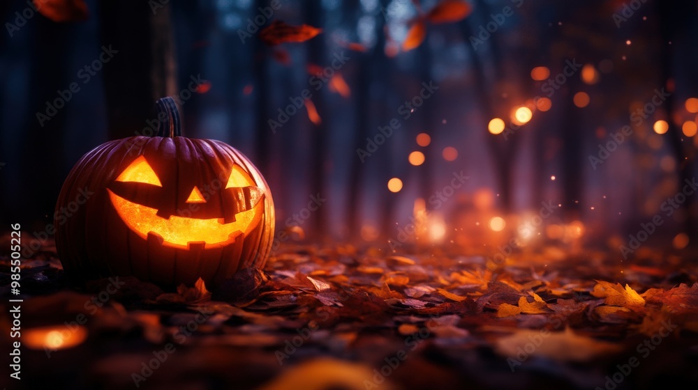 A glowing jack-o'-lantern sitting among colorful autumn leaves in a misty forest, creating a spooky Halloween atmosphere.