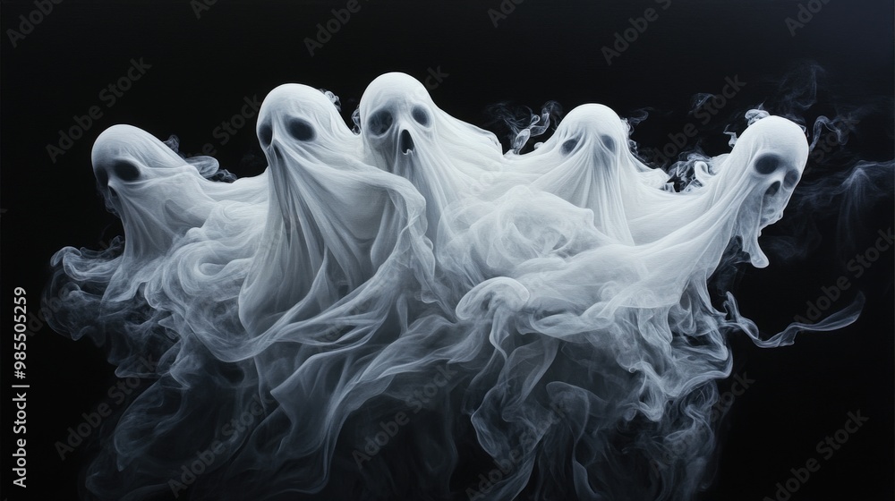 A haunting collection of ethereal ghosts emerging from mist, evoking a sense of mystery and the supernatural. A haunting collection of ethereal ghosts emerging from mist, evoking a sense of mystery and the supernatural.