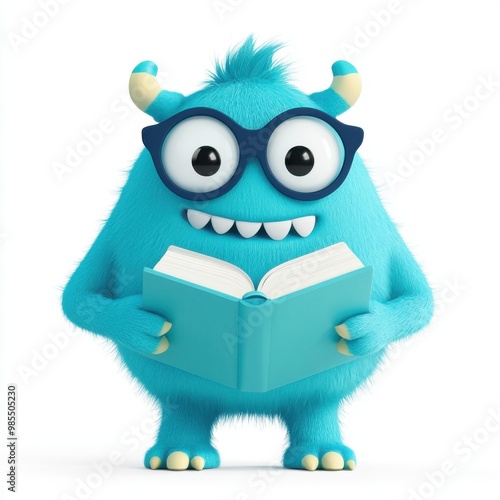 A cute cartoon monster who is very good with education, white background.