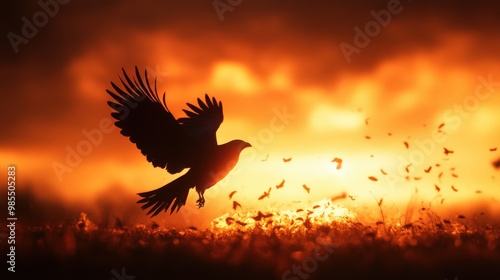 Wallpaper Mural A majestic bird soaring against a stunning sunset, creating a captivating silhouette amidst a vibrant orange sky. Torontodigital.ca