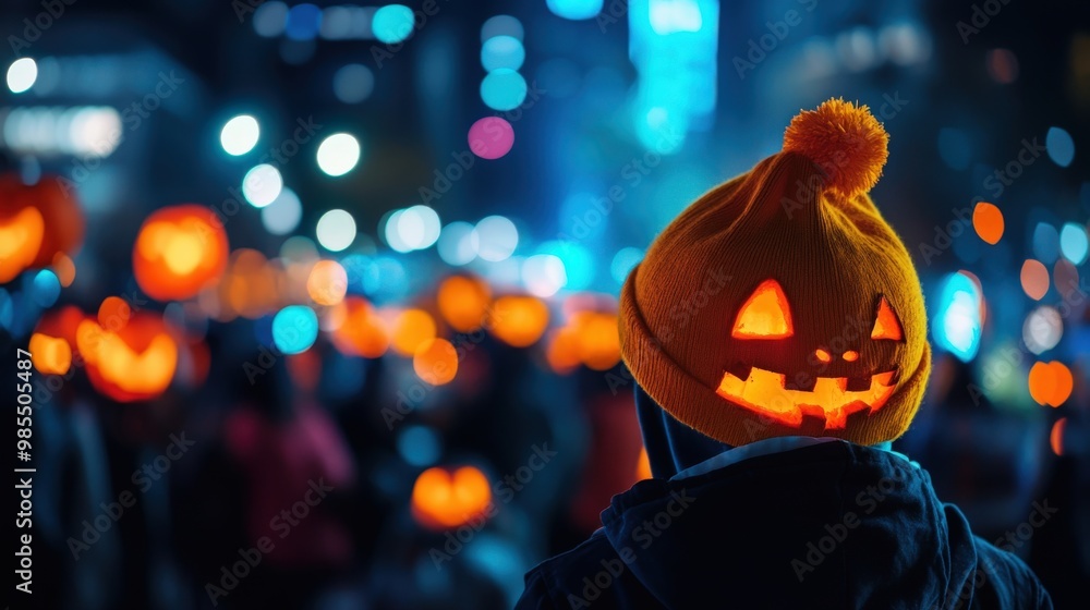 Naklejka premium A person wearing a playful pumpkin hat during a festive nighttime celebration, with glowing pumpkins lighting the scene.