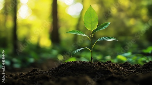 A Young Sapling Emerging from Rich Soil in a Lush Forest