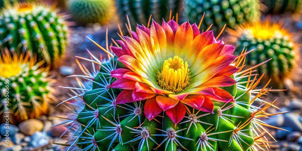 A stunning barrel cactus flower blossoms in a desert scene, showcasing vibrant colors against a backdrop of spiky A stunning barrel cactus flower blossoms in a desert scene, showcasing vibrant colors against a backdrop of spiky