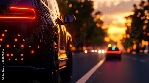 A sleek car captured during sunset, showcasing modern design and vibrant lighting against a picturesque sky.