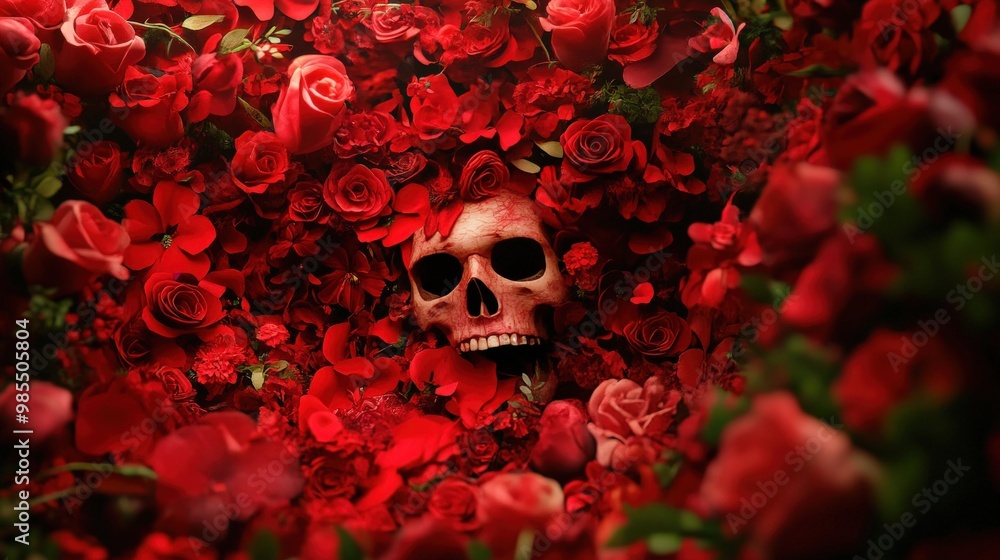 A striking contrast of a skull surrounded by vibrant red roses, symbolizing life and death in an artistic composition. A striking contrast of a skull surrounded by vibrant red roses, symbolizing life and death in an artistic composition.