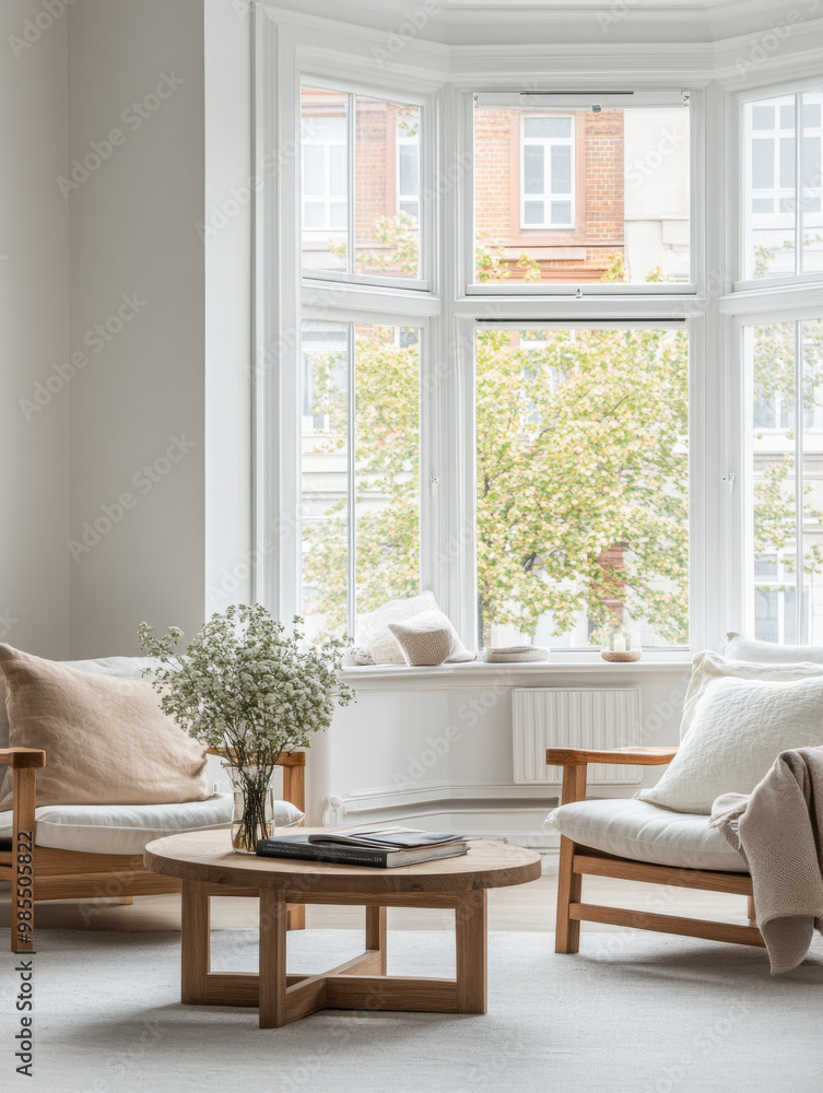 Cozy living room with light wood furniture and a view of greenery through large windows in a serene urban setting Cozy living room with light wood furniture and a view of greenery through large windows in a serene urban setting