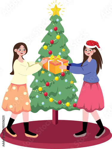 Christmas people vector flat illustration set. Friends celebrate New Year.