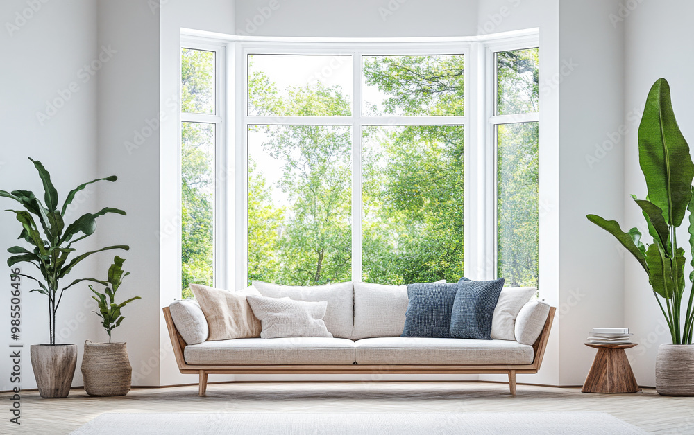 Bright and airy living room with a modern couch and large windows overlooking a lush green garden Bright and airy living room with a modern couch and large windows overlooking a lush green garden