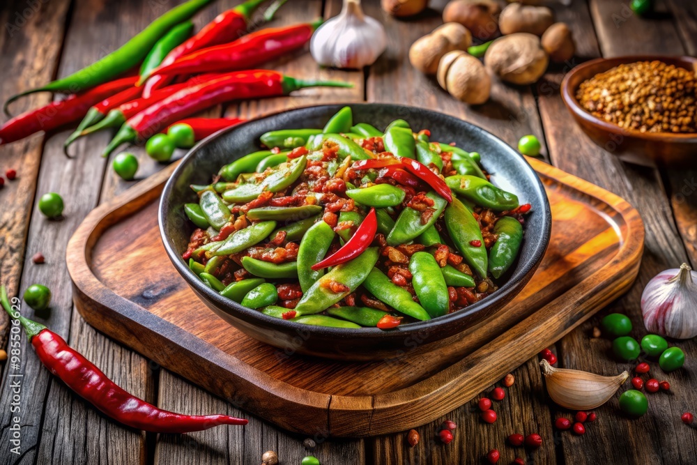 A delightful petai dish featuring unique green beans and aromatic spices, beautifully presented on a rustic wooden A delightful petai dish featuring unique green beans and aromatic spices, beautifully presented on a rustic wooden