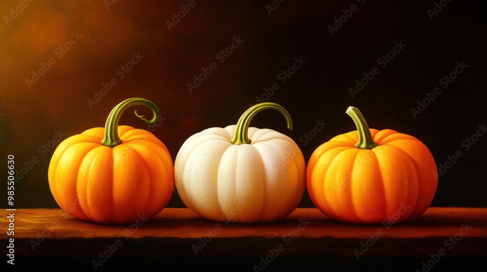 Three beautiful pumpkins, featuring vibrant orange and a unique white one, perfect for autumn and harvest-themed projects. Three beautiful pumpkins, featuring vibrant orange and a unique white one, perfect for autumn and harvest-themed projects.