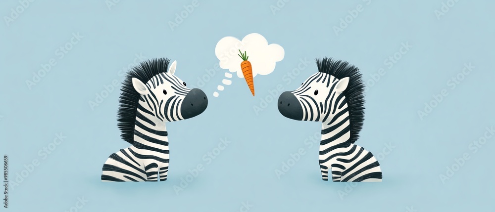 Minimalist vector of two zebras, one gazing at the sky with a carrot in a thought bubble, on a light blue background, cute and simple cartoon design Minimalist vector of two zebras, one gazing at the sky with a carrot in a thought bubble, on a light blue background, cute and simple cartoon design