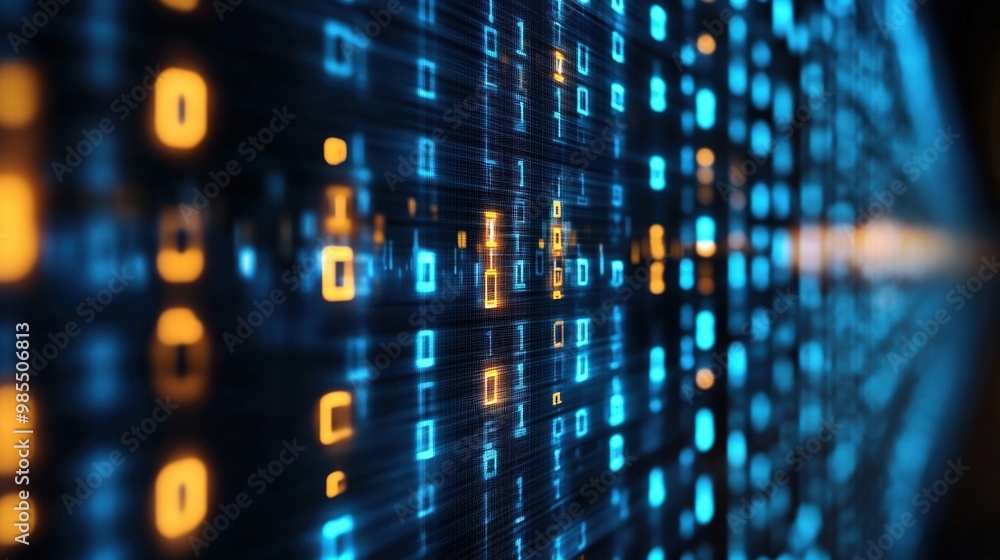 Vibrant digital data stream with blue and orange binary code forming a futuristic background for technology and science. Vibrant digital data stream with blue and orange binary code forming a futuristic background for technology and science.
