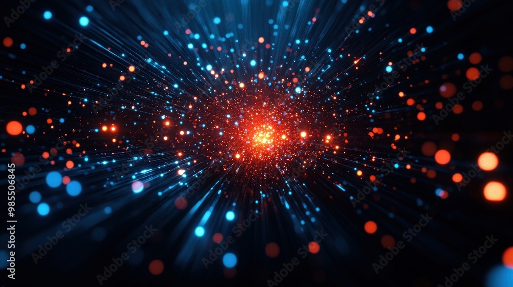 Vibrant particles burst and illuminate the dark space, creating a dynamic visual effect of energy and motion. Vibrant particles burst and illuminate the dark space, creating a dynamic visual effect of energy and motion.