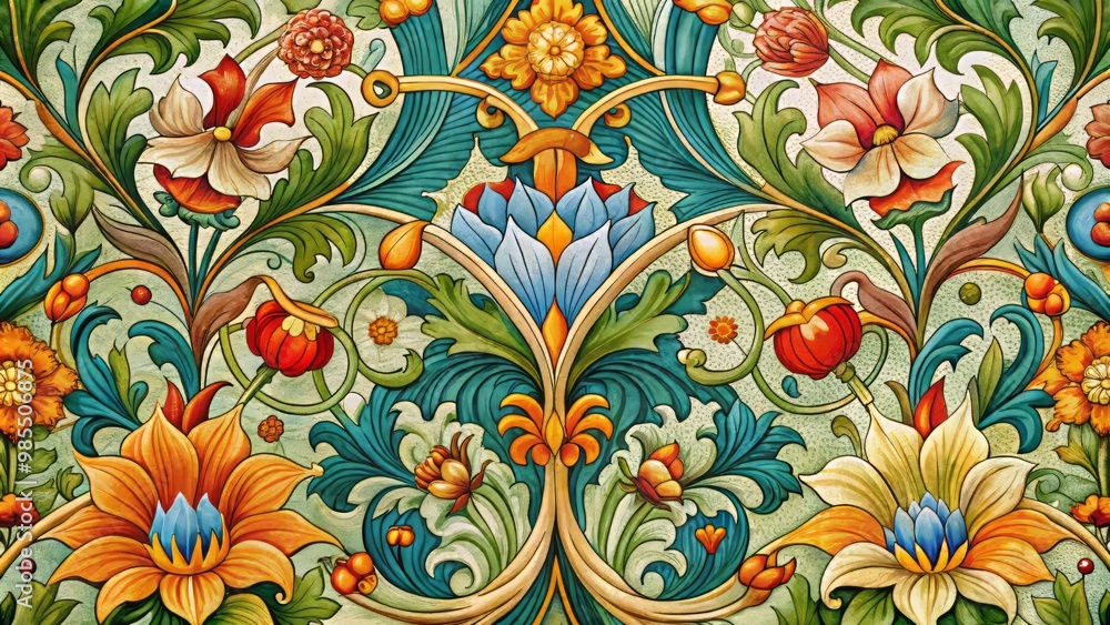 Fototapeta premium A detailed Art Nouveau design showcasing floral elements and graceful curves, rendered in rich earthy hues and textured