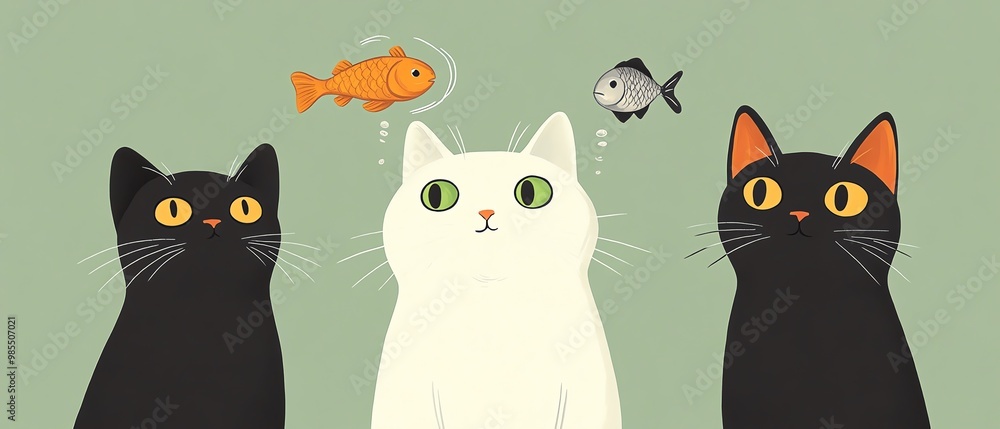 Simple vector illustration of two cats, with one large white cat thinking about fish in a thought bubble, looking upwards on a light green background, minimalist design Simple vector illustration of two cats, with one large white cat thinking about fish in a thought bubble, looking upwards on a light green background, minimalist design