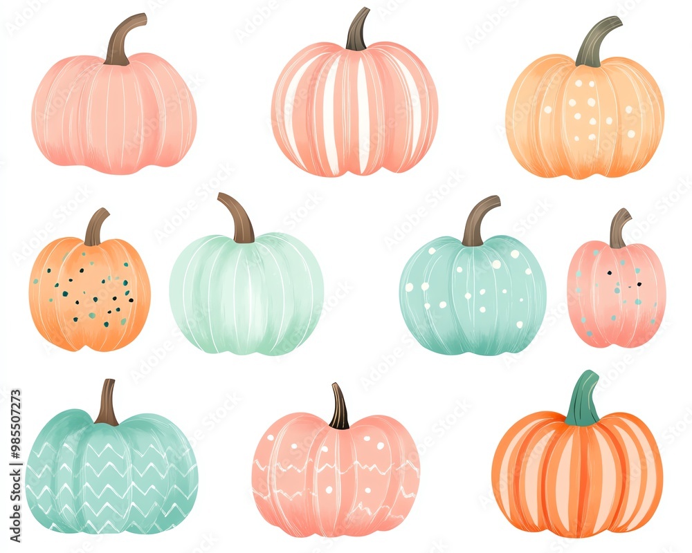 Whimsical handdrawn pumpkins with varied textures and pastel patterns like stripes, polka dots, and chevrons, in pink, mint, light blue, and orange, on a white background Whimsical handdrawn pumpkins with varied textures and pastel patterns like stripes, polka dots, and chevrons, in pink, mint, light blue, and orange, on a white background