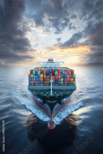 Large container ship, panoramic view.