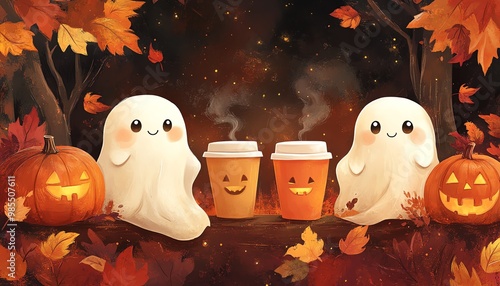 Cute and detailed kawaii fallthemed ghosts and pumpkins with coffee, highquality illustration with vibrant and whimsical design photo