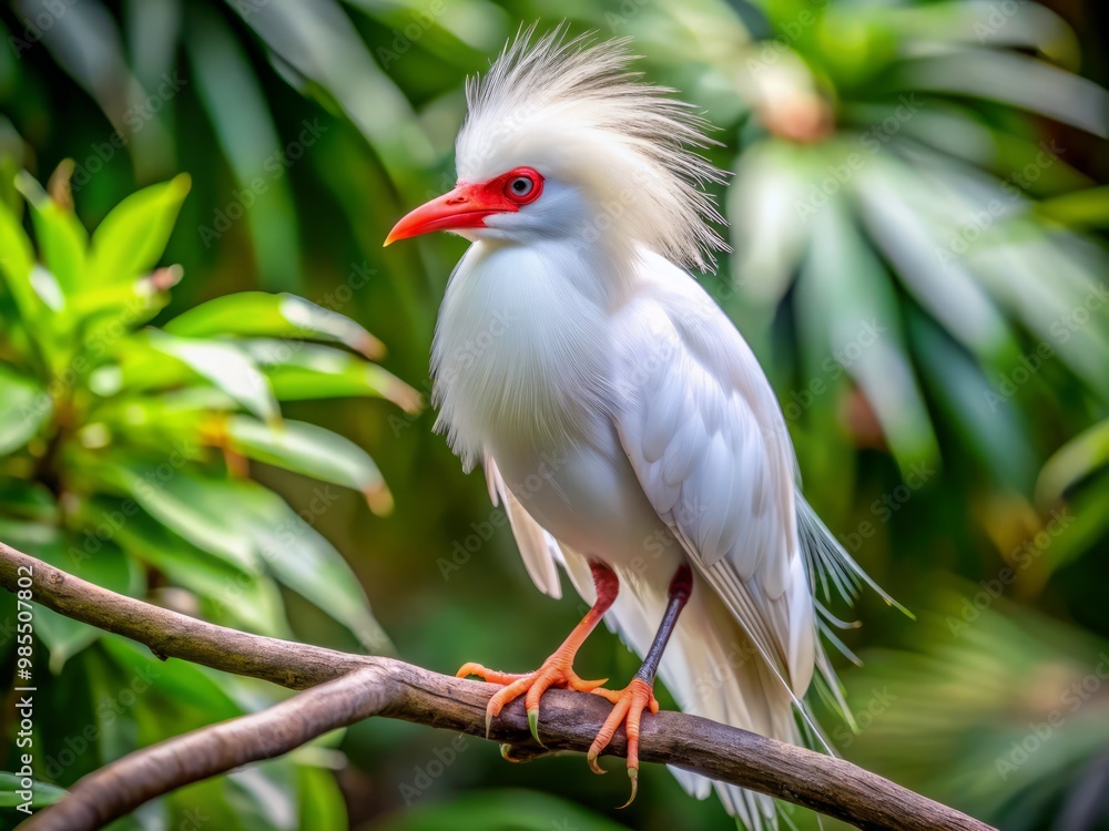 Obraz premium An exquisite albino bird, adorned with pristine white feathers and striking red eyes, elegantly rests on a branch