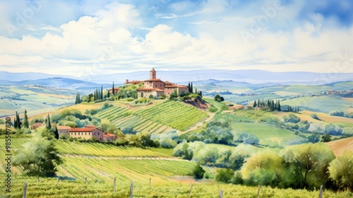 Watercolor, landscape of Tuscany in Italy.