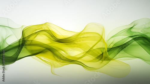 Bright green and yellow smoke tendrils intertwining and swirling, forming dynamic shapes and patterns, evoking a fresh and vibrant energy, set against a clean white background