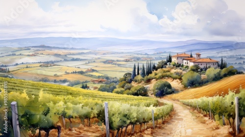 Watercolor, landscape of Tuscany in Italy.