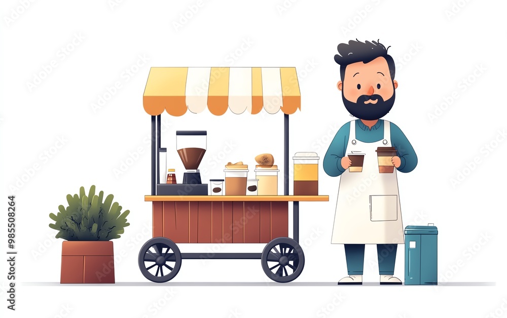 Flat illustration of a street vendor in an apron selling coffee, with a vending cart and white background, simple and charming style