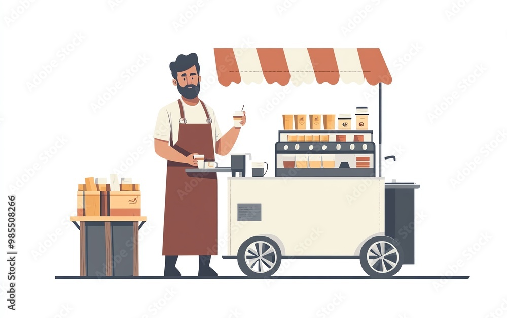 Flat illustration of a street vendor in an apron selling coffee, with a vending cart and white background, simple and charming style Flat illustration of a street vendor in an apron selling coffee, with a vending cart and white background, simple and charming style