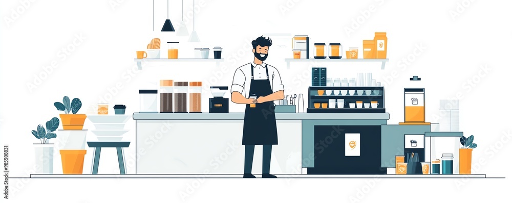 Illustration of a coffee vendor with an apron and vending cart, flat design, white background, clean and engaging visual Illustration of a coffee vendor with an apron and vending cart, flat design, white background, clean and engaging visual