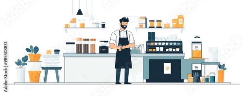 Illustration of a coffee vendor with an apron and vending cart, flat design, white background, clean and engaging visual
