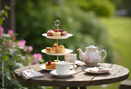 Elegant afternoon tea setup with a tiered stand of pastries and cups on a garden table photo