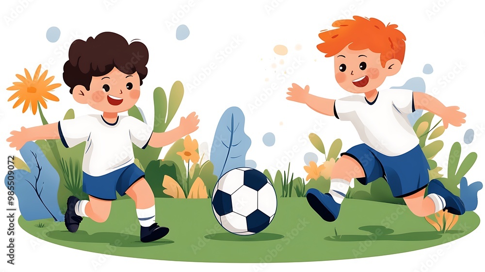 Boy scoring a goal, energetic football scene, transparent background, flat design illustration Boy scoring a goal, energetic football scene, transparent background, flat design illustration
