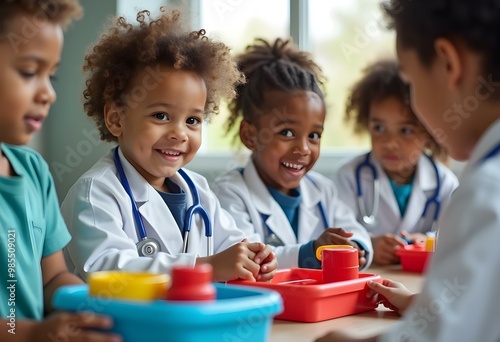 Group of young children dressed as doctors playing with toy medical instruments in a classroom photo