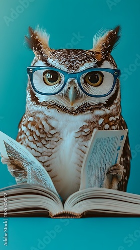 Wallpaper Mural Owl with blue glasses reading a book on a turquoise background, Torontodigital.ca