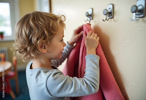 Young child hanging up a towel on a hook, practicing independence in a classroom setting