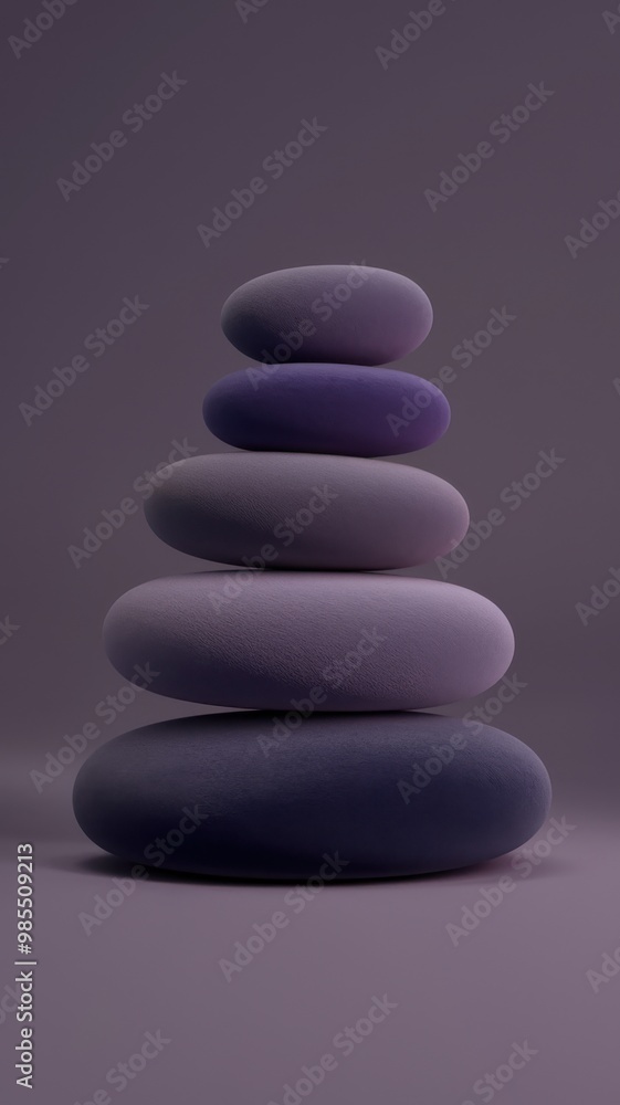 Stacked smooth pebble stones in various shades of purple with a soft grey background. Minimalist arrangement symbolizing balance. Design for wallpaper, poster, print, and banner. Stacked smooth pebble stones in various shades of purple with a soft grey background. Minimalist arrangement symbolizing balance. Design for wallpaper, poster, print, and banner.