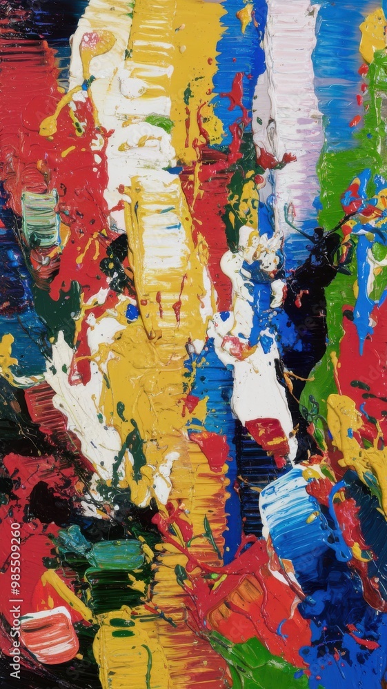 Naklejka premium Abstract colorful splashes of paint on a canvas with bold strokes. Close-up view of vibrant acrylic paint textures. Modern art concept for design and print.