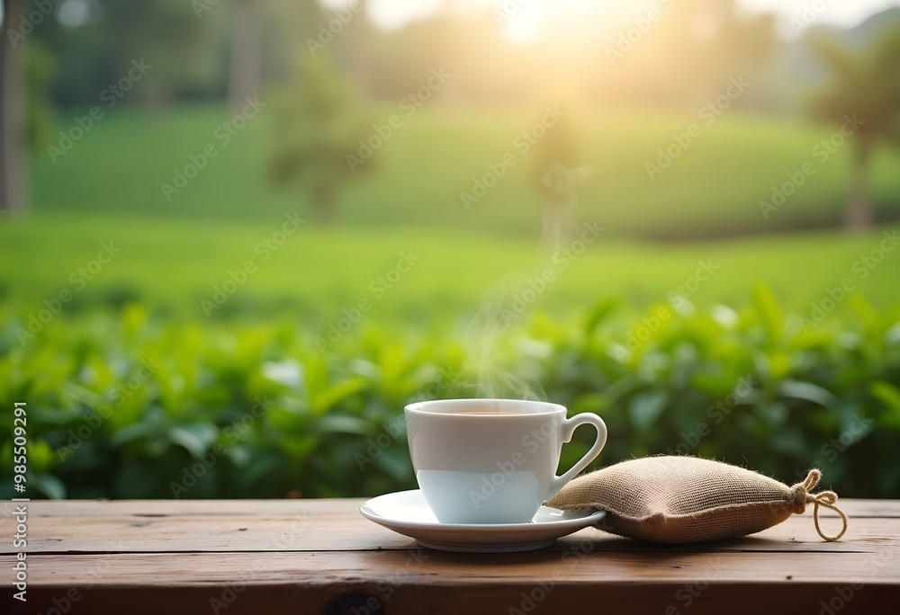A serene cup of tea placed on a wooden table with a scenic outdoor view in the background A serene cup of tea placed on a wooden table with a scenic outdoor view in the background