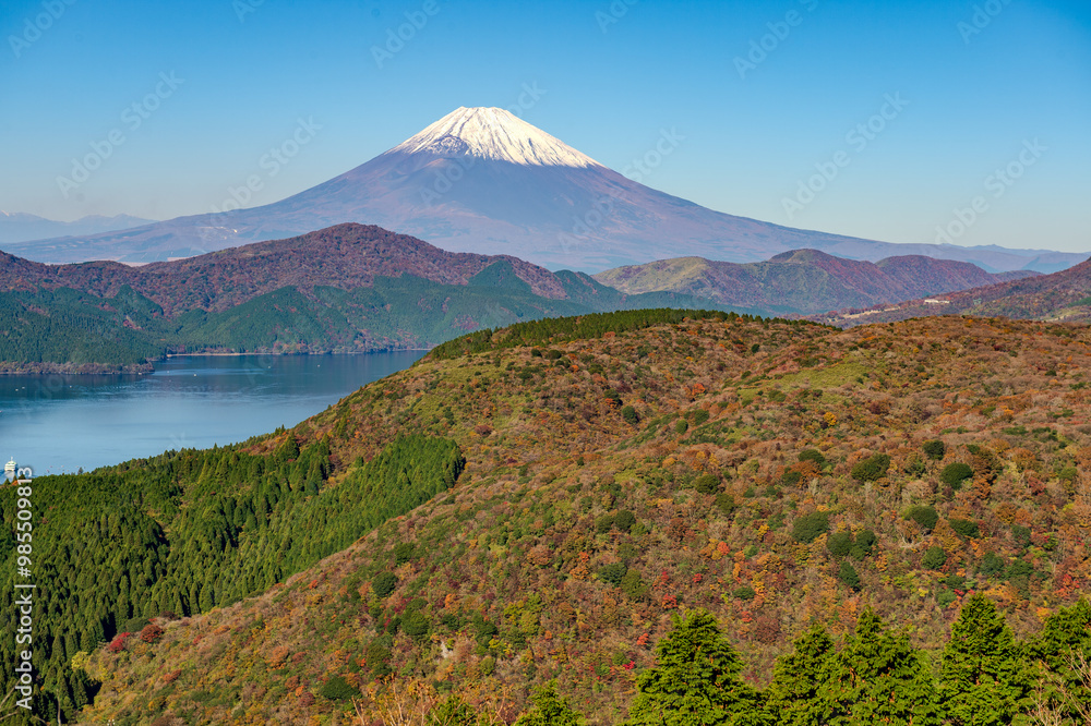Fototapeta premium 富士山と芦ノ湖を望む箱根大観峰からの紅葉風景