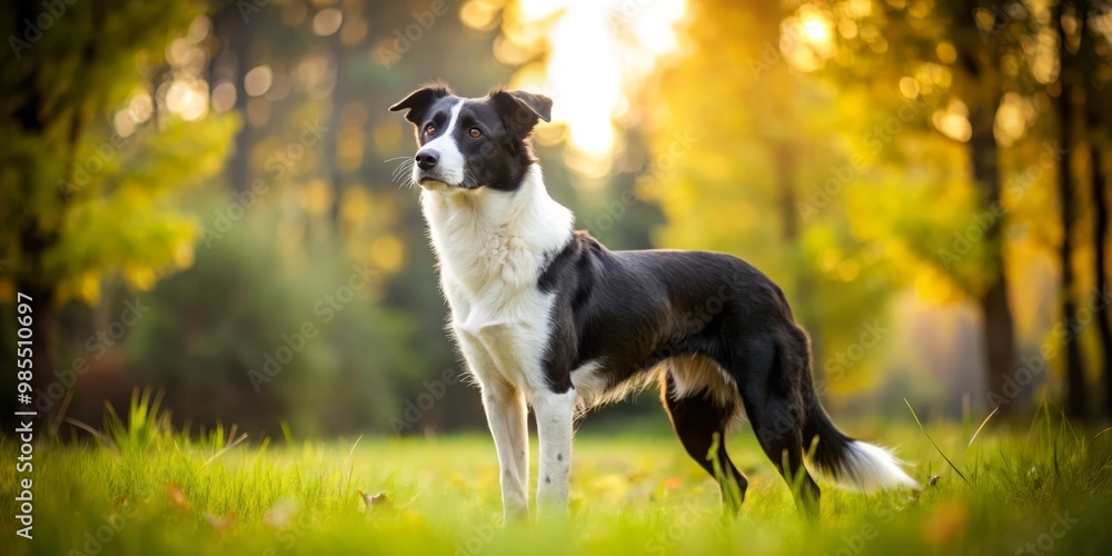 Black and white dog breed stretches out in a sun-drenched meadow, surrounded by towering trees that provide a Black and white dog breed stretches out in a sun-drenched meadow, surrounded by towering trees that provide a