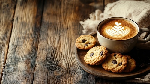 Rustic Cappuccino and Cookie Still Life on Wooden Background: Homely Cafe Setting Featuring Classic Coffee and Treats with Warm, Inviting Atmosphere.