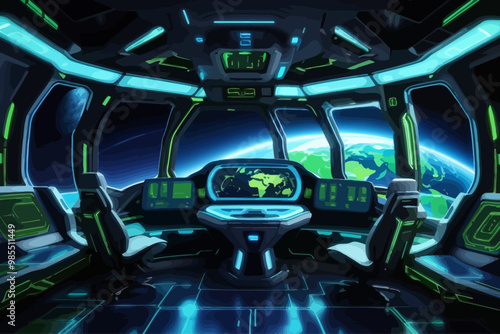 image A spaceship interior with large windows showcasing the Earth in space a sci-fi style design with blue and green neon accents on the instruments