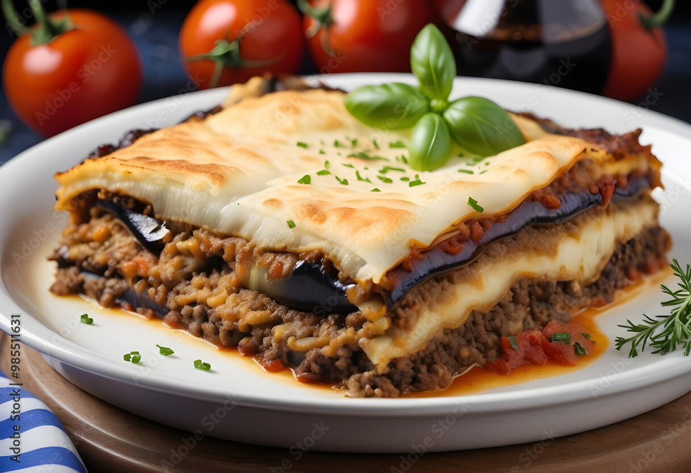 A delicious moussaka on white plate, showcasing layers of eggplant, ground meat, creamy bechamel sauce, and fresh basil leaves on top, perfect for hearty meal A delicious moussaka on white plate, showcasing layers of eggplant, ground meat, creamy bechamel sauce, and fresh basil leaves on top, perfect for hearty meal