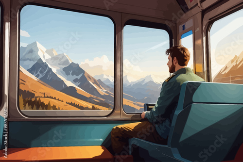 man sitting in a window seat in a moving train watching mountains from the window