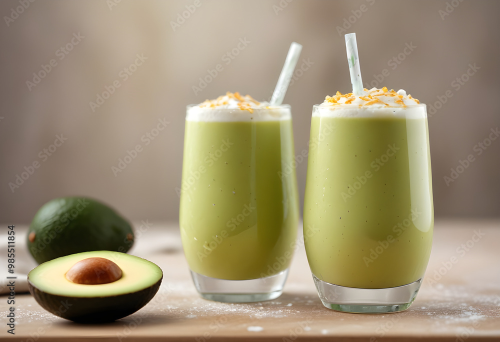 Creamy avocado smoothies served in tall glasses, topped with coconut flakes, create refreshing and nutritious drink. Perfect for healthy lifestyle! Creamy avocado smoothies served in tall glasses, topped with coconut flakes, create refreshing and nutritious drink. Perfect for healthy lifestyle!