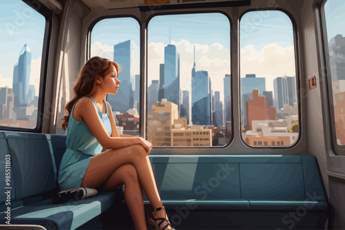 woman sitting in a window seat in a moving train watching mountains from the window