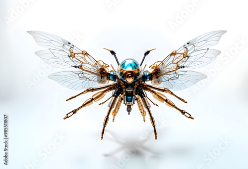 An elaborate insectlike drone with intricate details and futuristic design, showcasing metallic and transparent elements that resemble bee. This stunning creation captures imagination and evokes sense photo