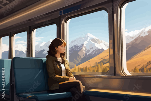 woman sitting in a window seat in a moving train watching mountains from the window