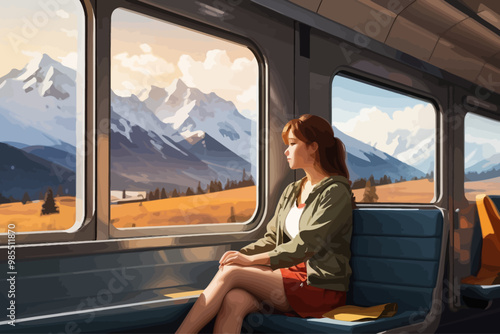 woman sitting in a window seat in a moving train watching mountains from the window